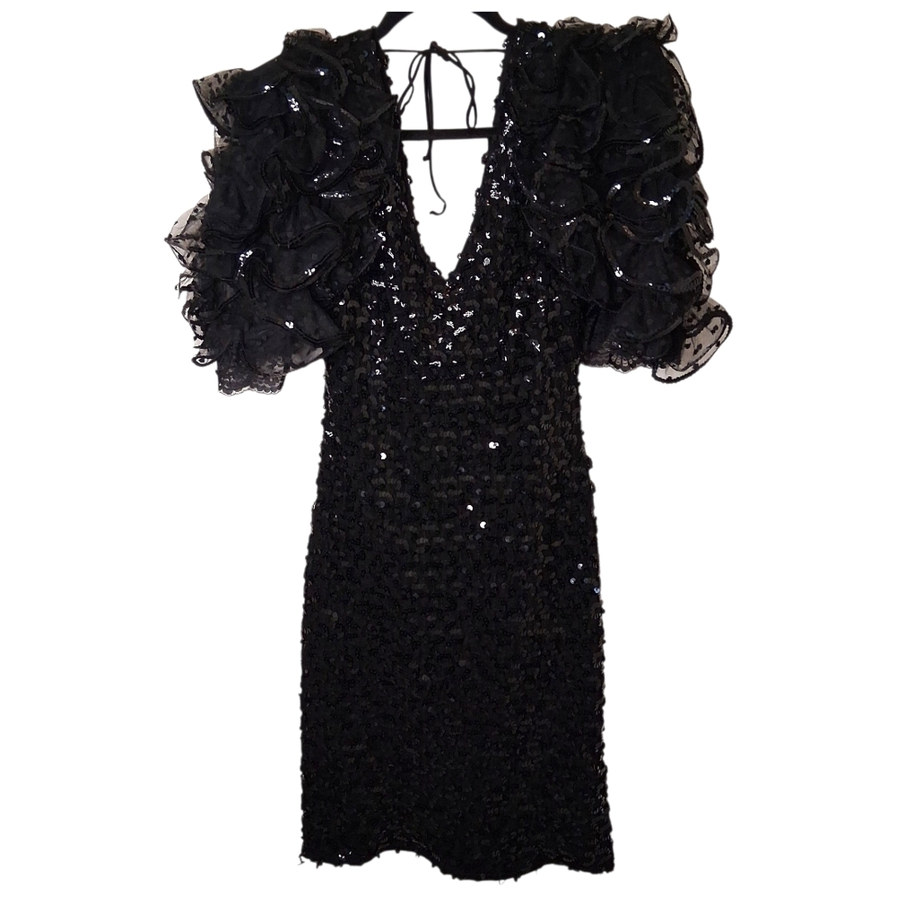 Vintage 80s Black Sequin Dress Ruffle Puff Sleeves Cocktail Party V-Neck
